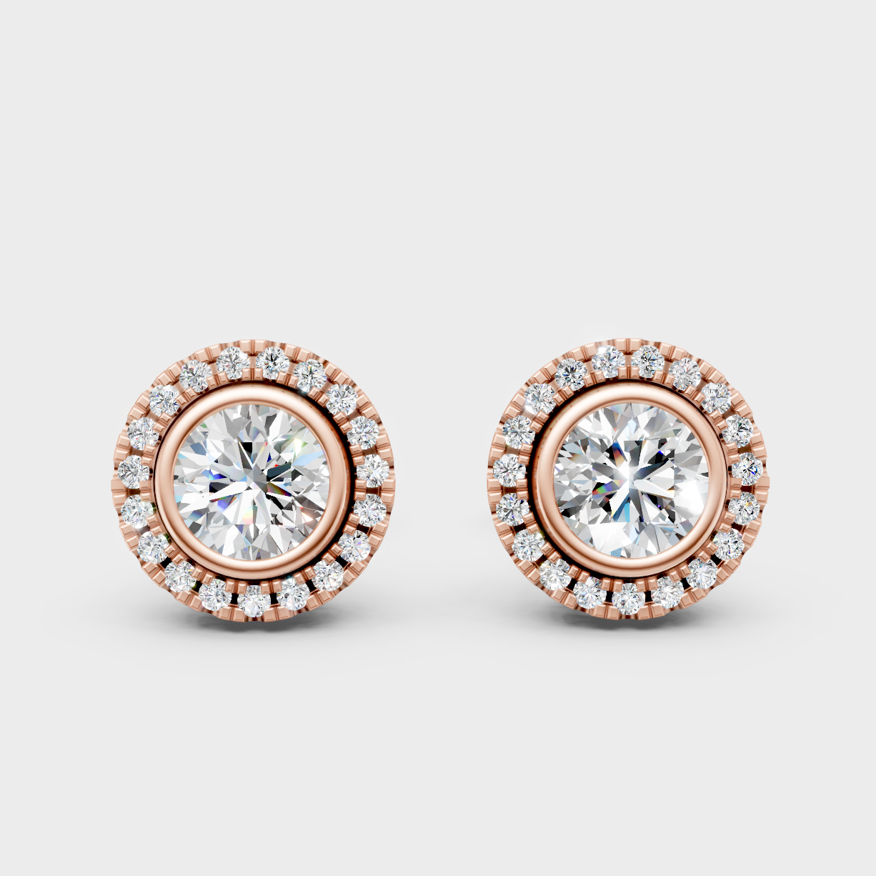0.595 Carat Each Lab-Grown Round Halo Diamond Stud Earrings In Rose Gold